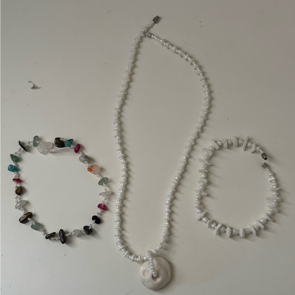 Puka Shell Necklace & Bracelet Set With Glass Bead Bracelet